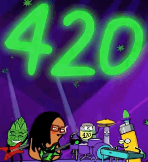 Cartoon Woman Playing Guitar, Lighter Playing Drums, Can of 420