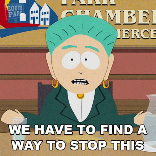 Cartoon Woman Sitting At Table Saying We Have To Find A Way To Stop This GIF