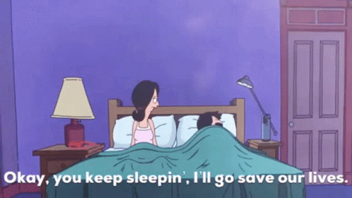 Cartoon Woman Sitting on Bed Saying Okay You Keep Sleepin