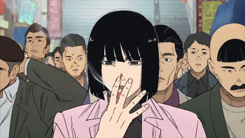 Cartoon Woman Smoking in Front of Crowd