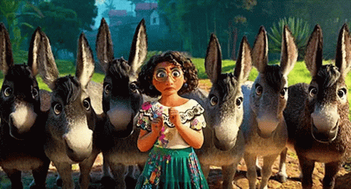 Cartoon Woman Standing in Front of Donkeys