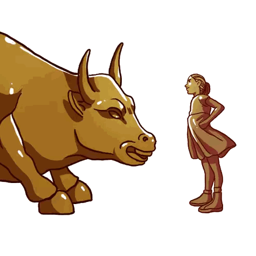 Cartoon Woman Standing Next to Bull