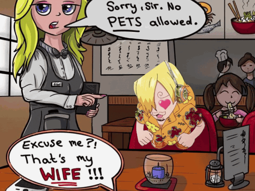 Cartoon Woman Talking To Man Saying No Pets GIF