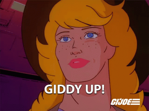 Cartoon Woman with Giddy Up on Face
