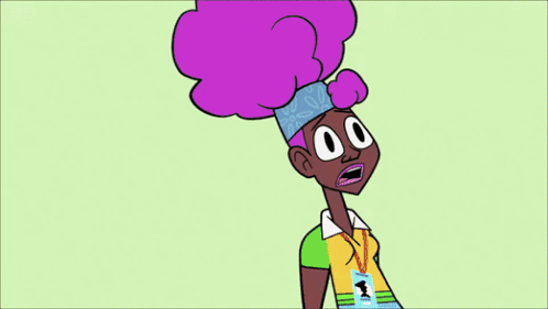 Cartoon Woman with Purple Hair and Name Tag