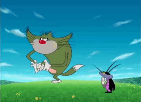 Cat And Cockroach Standing On Grassy Hill GIF