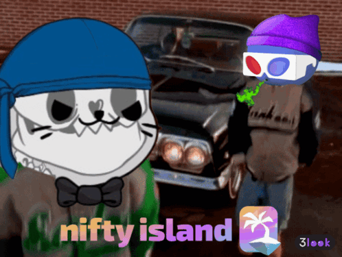 Cat and Man Standing Next to Car Saying Nifty Island