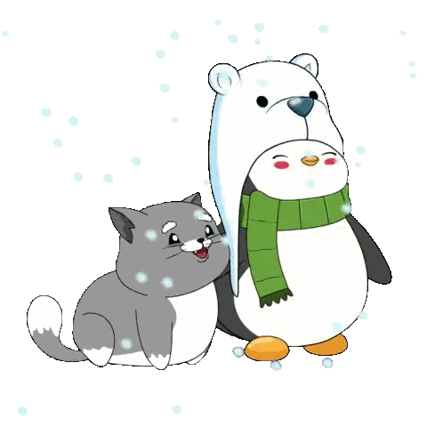 Cat and Penguin Standing in Snow