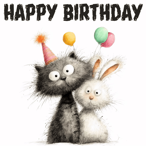 Cat And Rabbit Happy Birthday Card GIF