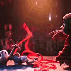 Cat And Rabbit Playing With Red Ribbons GIF