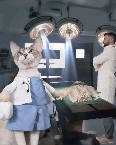 Cat Doctor In Operating Room With Two Doctors GIF