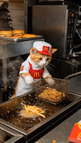Cat Dressed as McDonald's Worker Cooking French Fries
