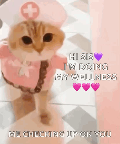 Cat Dressed as Nurse on Checkered Floor