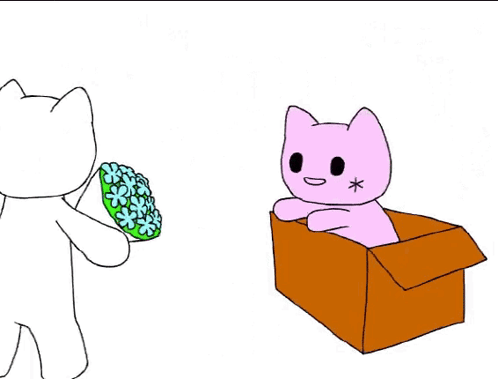 Cat Giving Flowers to Pink Cat in Box