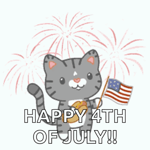 Cat Holding American Flag and Hot Dog Saying Happy 4th of July
