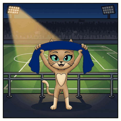 Cat Holding Blue Scarf in Stadium