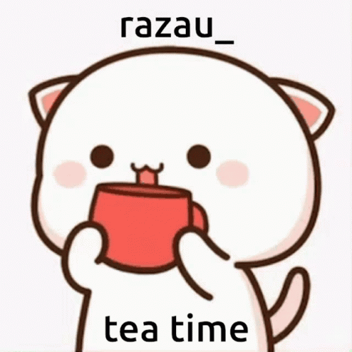 Cat Holding Cup Of Tea Saying Razau Tea Time GIF