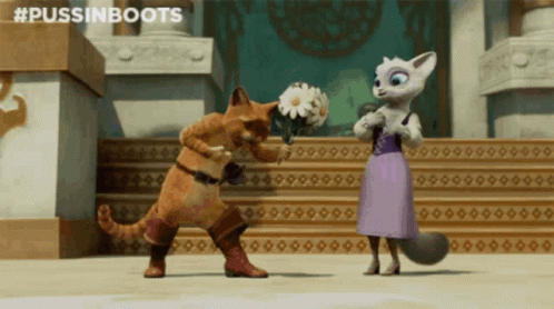 Cat Holding Daisies Next To Fox In Purple Dress GIF