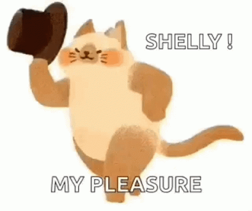 Cat Holding Hat Saying Shelly My Pleasure GIF