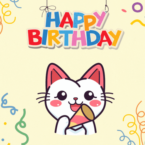 Cat Holding Party Hat Birthday Card GIF