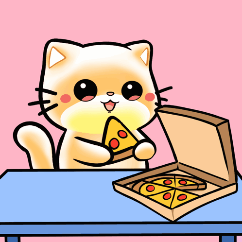 Cat Holding Pizza Slice Next to Pizza Box