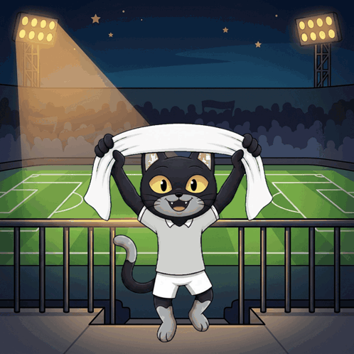 Cat Holding White Towel in Stadium