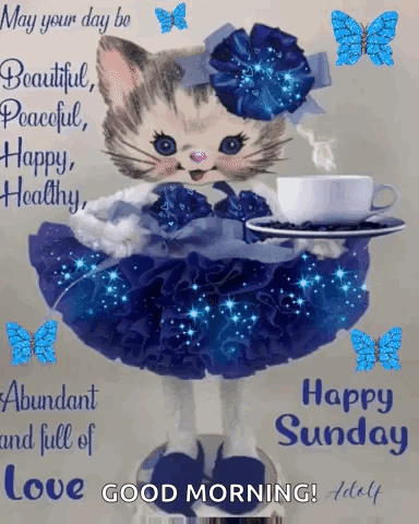 Cat in Blue Dress Holding Coffee