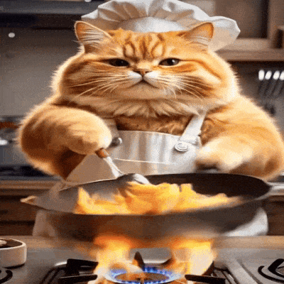Cat in Chef Hat and Apron Cooking