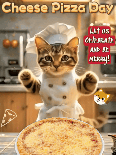 Cat in Chef Hat and Apron Holding Pizza