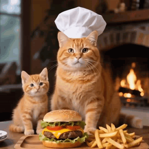 Cat in Chef Hat With Hamburger and Fries