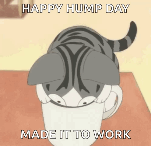 Cat in Coffee Cup Happy Hump Day Made It to Work