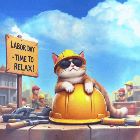 Cat in Hard Hat Under Labor Day Time to Relax Sign