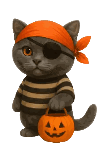 Cat in Pirate Costume Holding Pumpkin