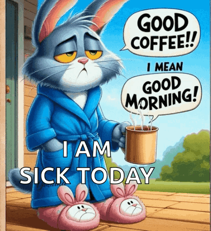 Cat in Robe Holding Coffee Saying Good Morning