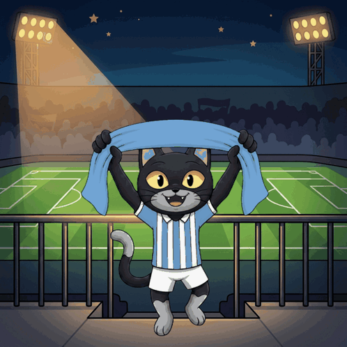 Cat in Soccer Uniform Holding Blue Scarf Over Head