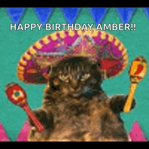 Cat in Sombrero Holding Maracas Happy Birthday Amber