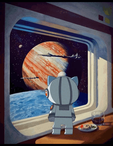 Cat in Space Suit Looking at Planet
