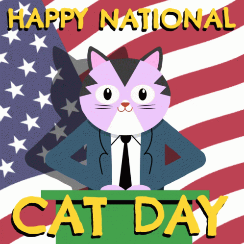 Cat in Suit and Tie Saying Happy National Cat Day with American Flag