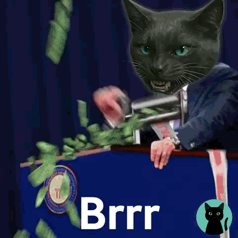 Cat in Suit Holding Gun Saying Brrr