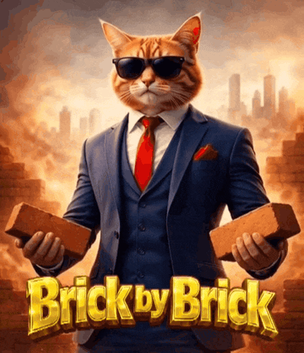 Cat in Suit Holding Two Bricks Brick by Brick