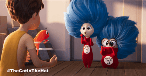 Cat in the Hat Boy Talking to Blue-Haired Characters