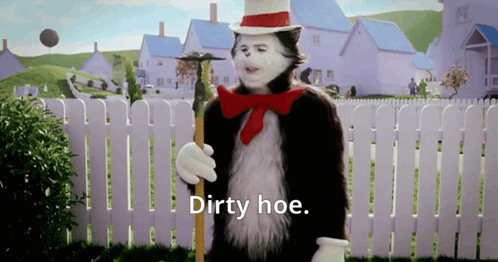 Cat in the Hat Holding Stick Saying Dirty Hoe