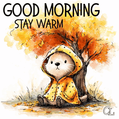 Cat In Yellow Raincoat Saying Good Morning Stay Warm GIF