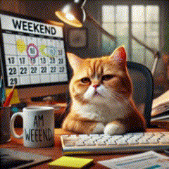 Cat Laying on Desk With Mug Saying Am Weekend