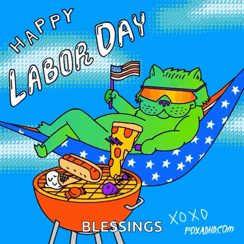 Cat Lying in Hammock Holding American Flag and Pizza