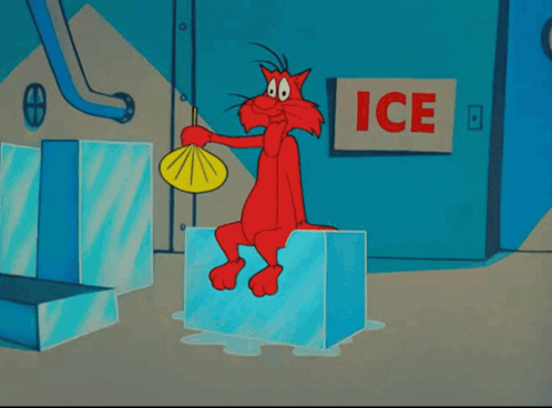 Cat on Ice Holding Fan with Ice Sign