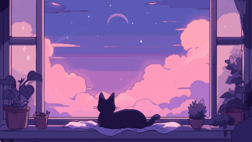 Cat On Window Sill At Purple Sky GIF