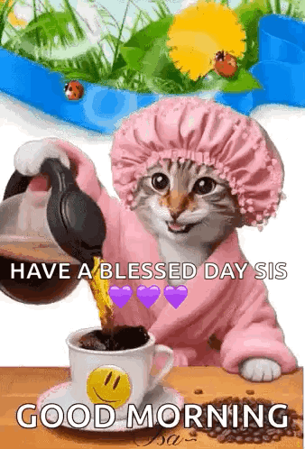Cat Pouring Coffee Into Cup With Smiley Face GIF