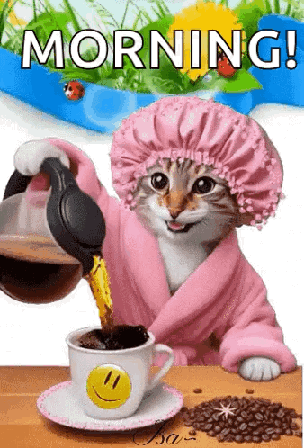 Cat Pouring Coffee Into Smiley Cup