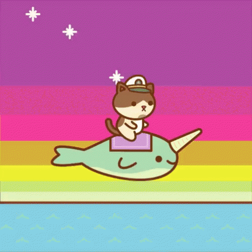 Cat Riding Narwhal Rainbow Background GIF